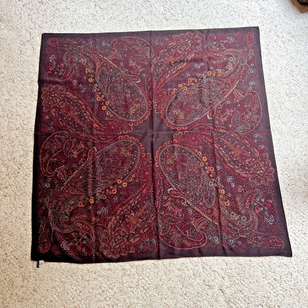 Talbots 44” x 44” Black Brown Burgundy Blue 80% Wool 20 Silk Paisley Print Scarf